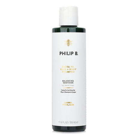 Bottle of Philip B Santa Fe Hair + Body Wash featuring plant extracts and moisturizing ingredients, ideal for all hair types.