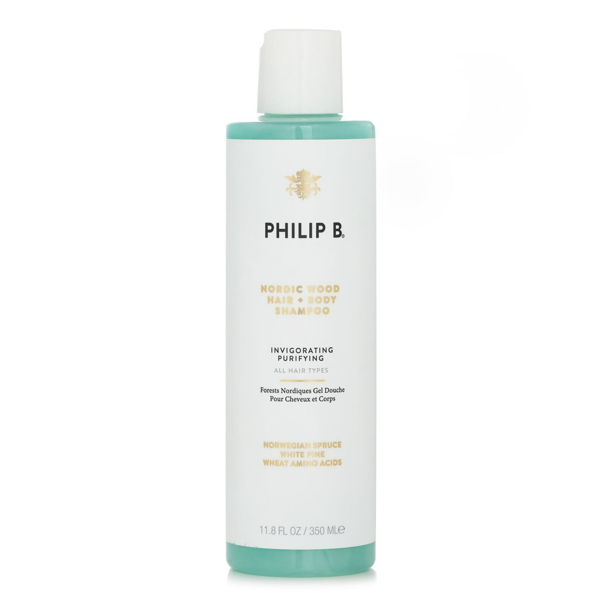 Philip B Nordic Wood Hair + Body Shampoo bottle displaying invigorating botanical ingredients for gentle cleansing.