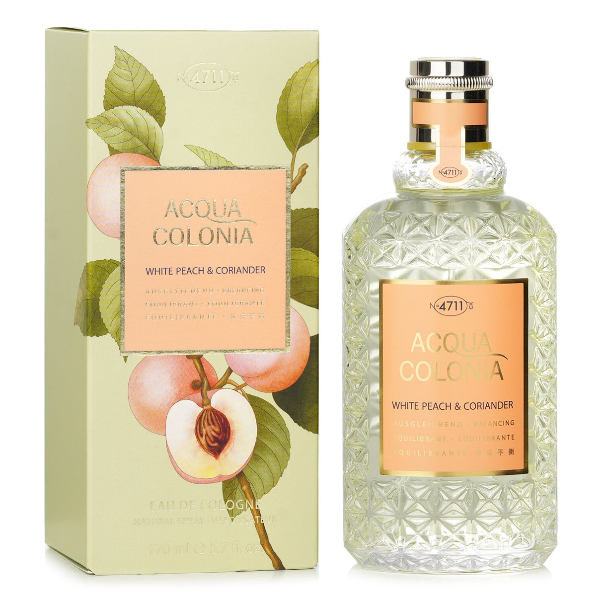 Refreshing 4711 Acqua Colonia White Peach & Coriander Eau De Cologne Spray 170ml, featuring fruity and herbal notes for all occasions.