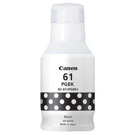 Black Canon GI61BK MegaTank ink bottle, compatible with PIXMA G3660/G3665, yields up to 6,000 pages with precise droplet placement.