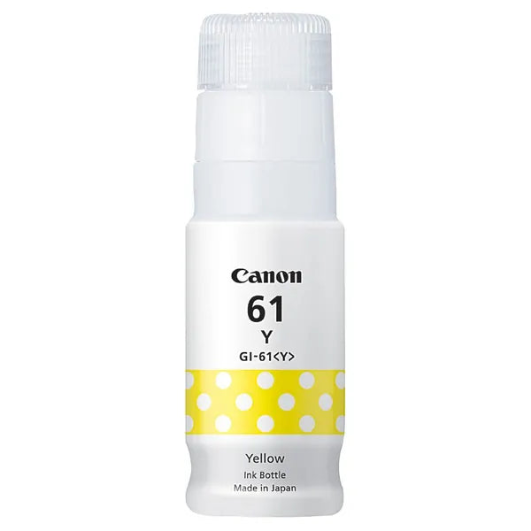 Canon GI61Y yellow ink bottle for PIXMA MegaTank, yields up to 7,700 pages with quick-drying, smudge-resistant ink.