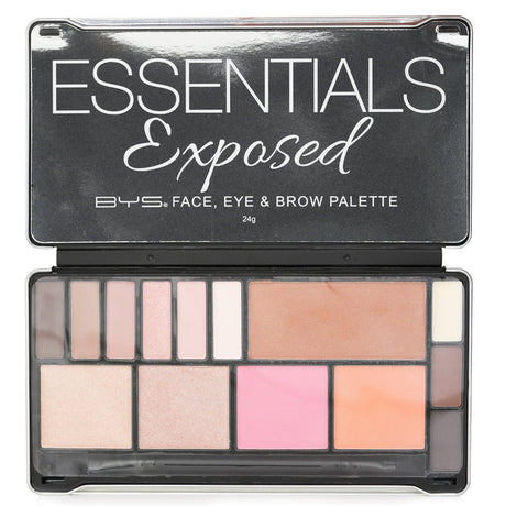 Versatile BYS Essentials Exposed Palette featuring brow powders, bronzer, blushes, highlighters, and eyeshadows in a compact design.
