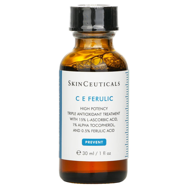 High potency antioxidant serum with Vitamin C, E, and Ferulic Acid for youthful, radiant skin; suitable for all skin types.