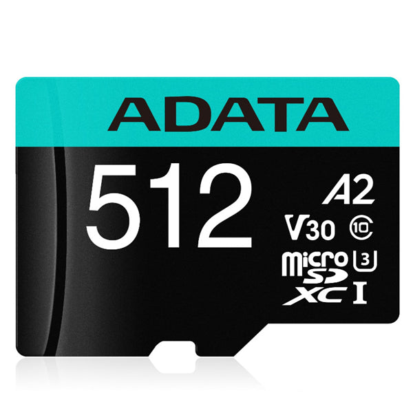 High-speed ADATA 512GB microSDXC card with adapter, UHS-I U3, waterproof and shockproof, ideal for 4K video and apps.