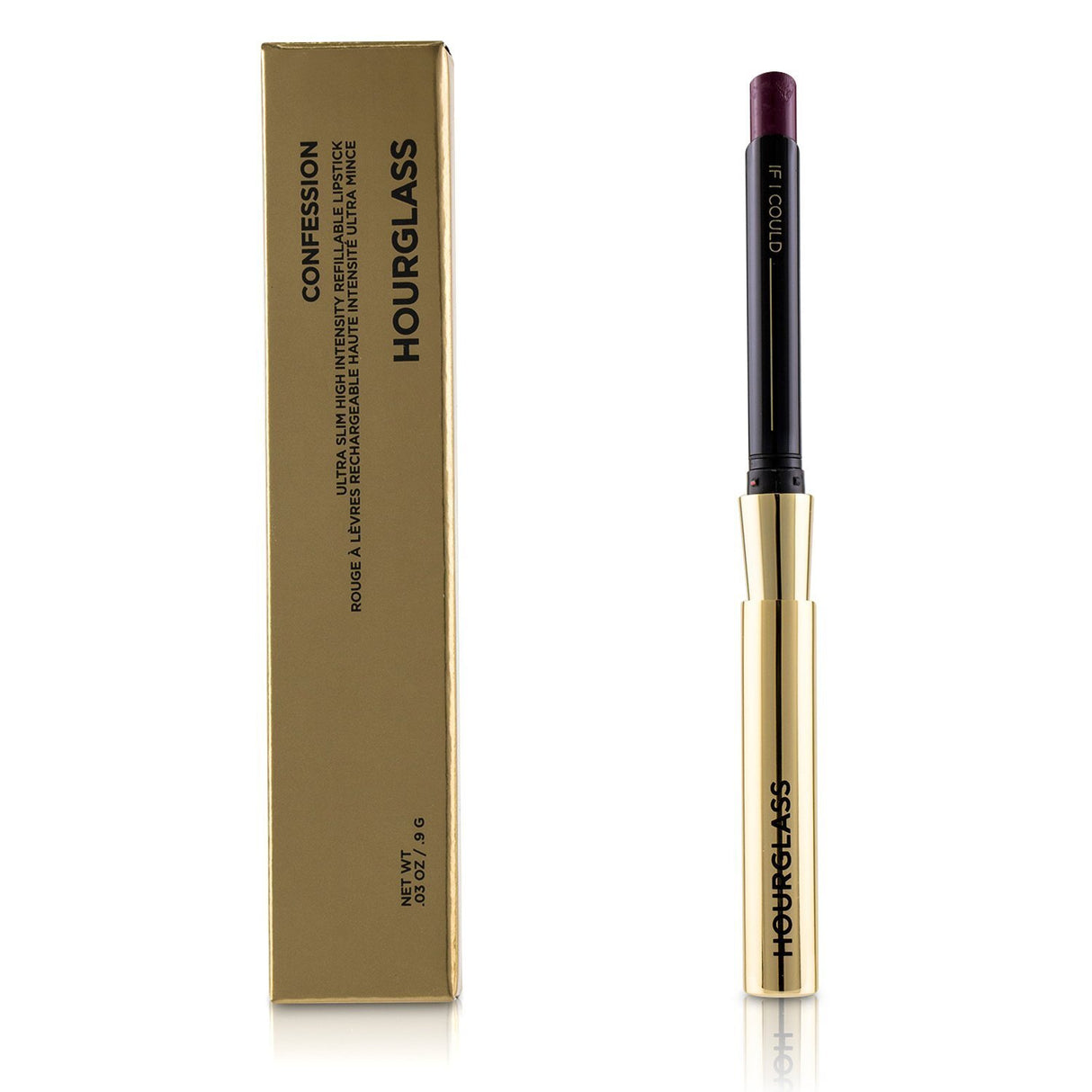 HourGlass Confession Ultra Slim Lipstick in #If I Could, a true plum hue in a sleek gold applicator for precise application.