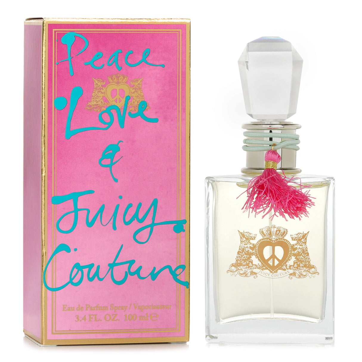 Juicy Couture Peace, Love & Juicy Eau De Parfum in new packaging, featuring floral fruity notes for a refreshing, uplifting scent.