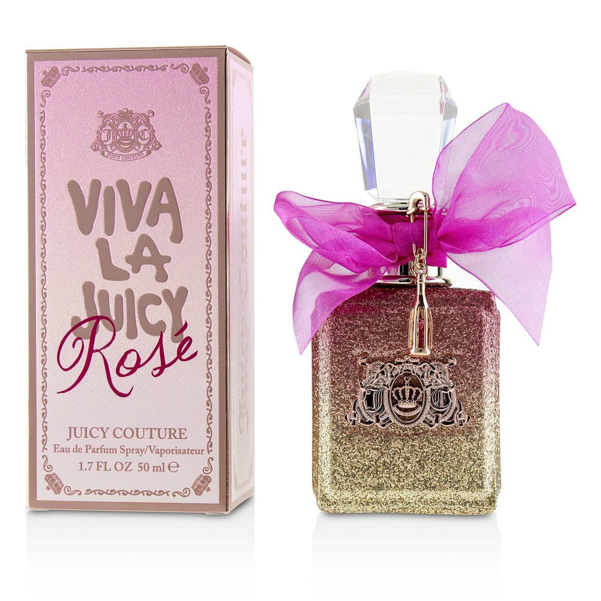 "50ml Viva La Juicy Rose Eau De Parfum, a floral fruity fragrance with notes of jasmine, rose, and pear, perfect for spring."