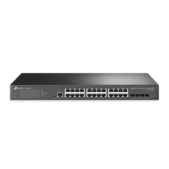 TP-Link SG3428 managed switch with 24 gigabit ports, 4 SFP slots, and advanced security for enterprise networks.