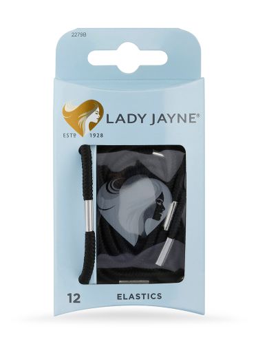 Black thick elastics by Lady Jayne, pack of 12, ideal for securely styling thick hair with durability and comfort.