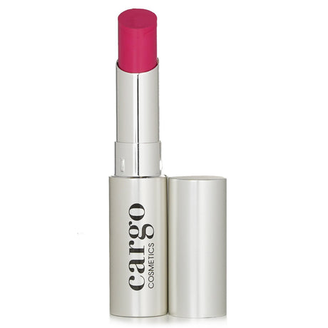 Bright fuchsia lipstick with a velvety texture, offering hydration and high pigment for vibrant, voluminous lips.