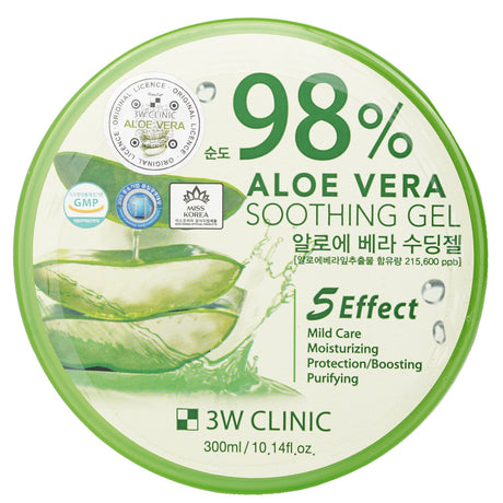 Aloe Vera soothing gel with 98% pure extract, ideal for calming skin irritation and providing hydration for all skin types.