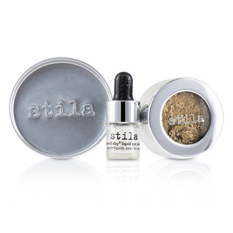 Stila Magnificent Metals Eye Shadow duo in Gilded Gold with mini primer, offering a sparkling cream-to-powder formula for stunning looks.