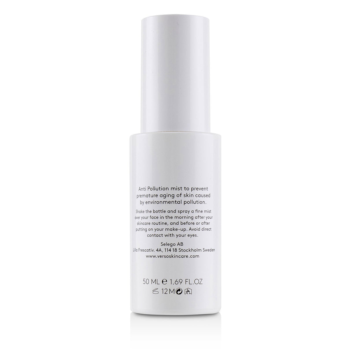 VERSO Anti Pollution Facial Mist in a 50ml bottle, hydrates and protects skin from pollution with antioxidants and a metal-binding polymer.