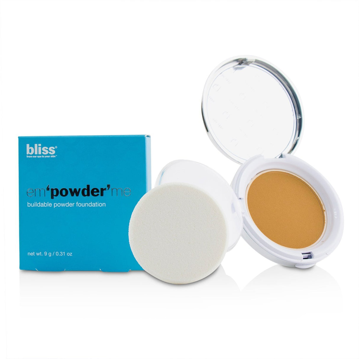 Bliss Em'powder' Me Buildable Powder Foundation in Bronze offers a silky, lightweight texture for customizable, flawless coverage.