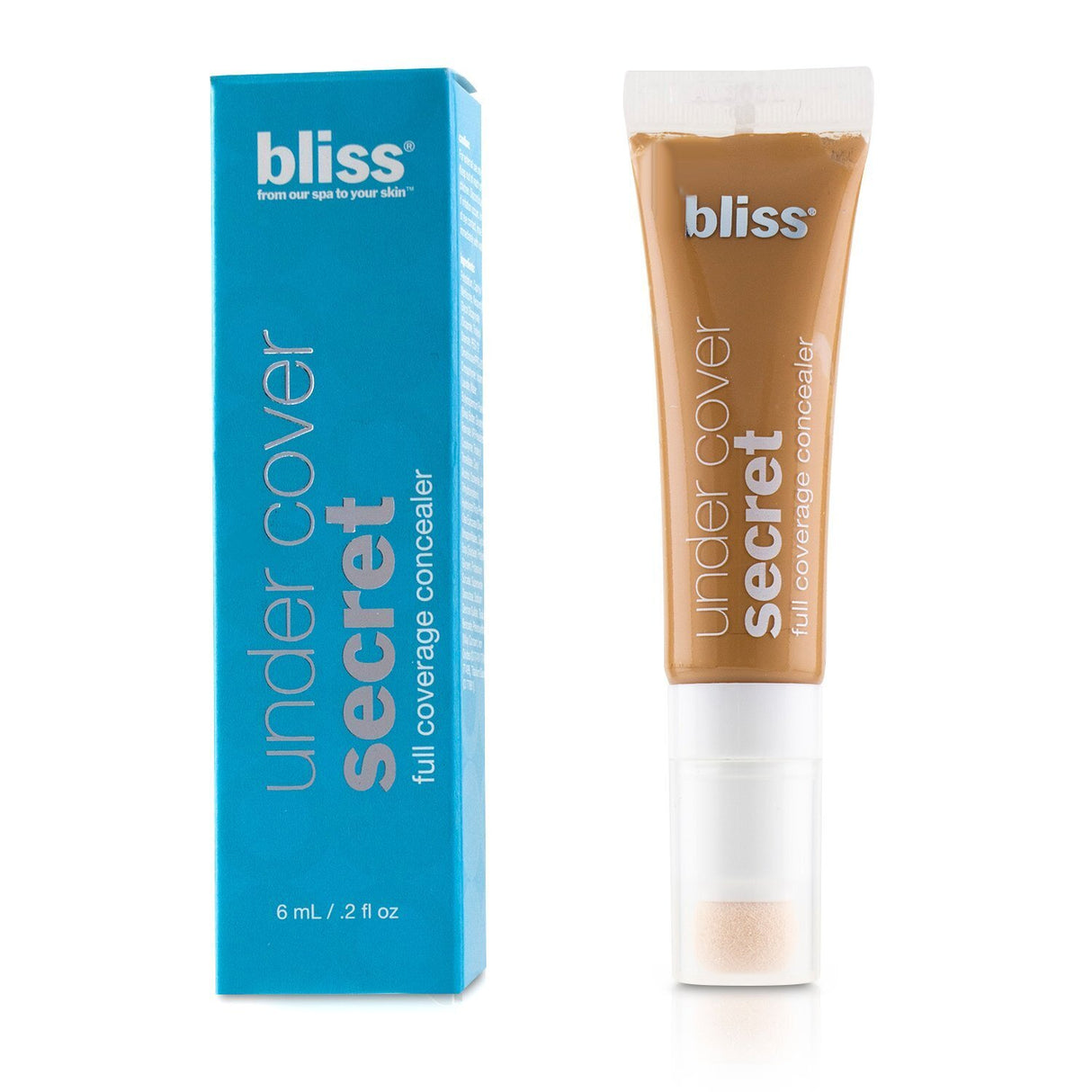 Bliss Under Cover Secret Concealer in Almond, 6ml, offering smooth, full coverage while nourishing skin with Shea Butter and Olive Oil.