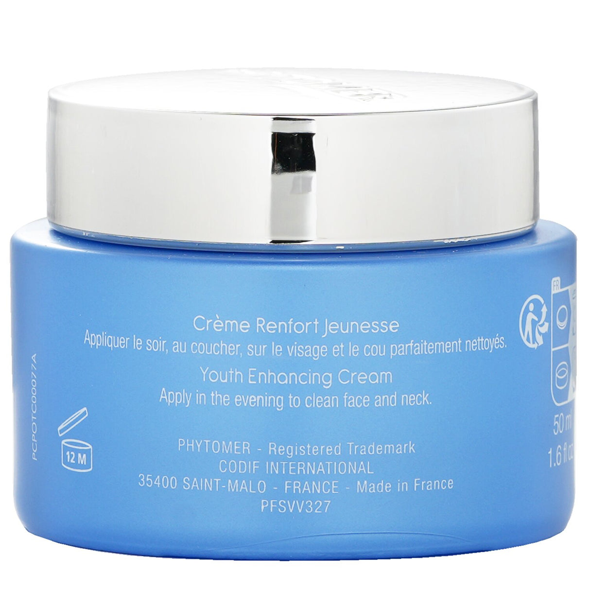 Phytomer Night Recharge Youth Enhancing Cream in a 50ml jar, promotes youthful skin with anti-aging and detoxifying benefits.