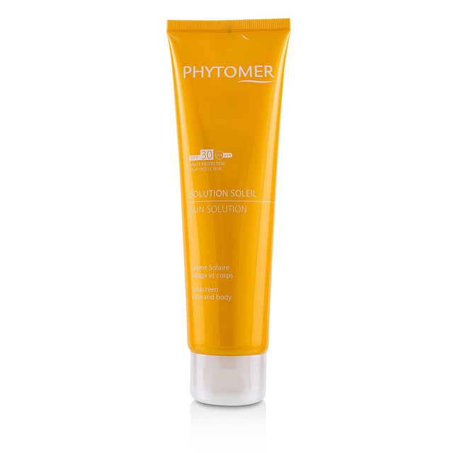 Phytomer Sun Solution Sunscreen SPF 30 in 125ml bottle, non-sticky formula for face and body with moisturizing and protective features.
