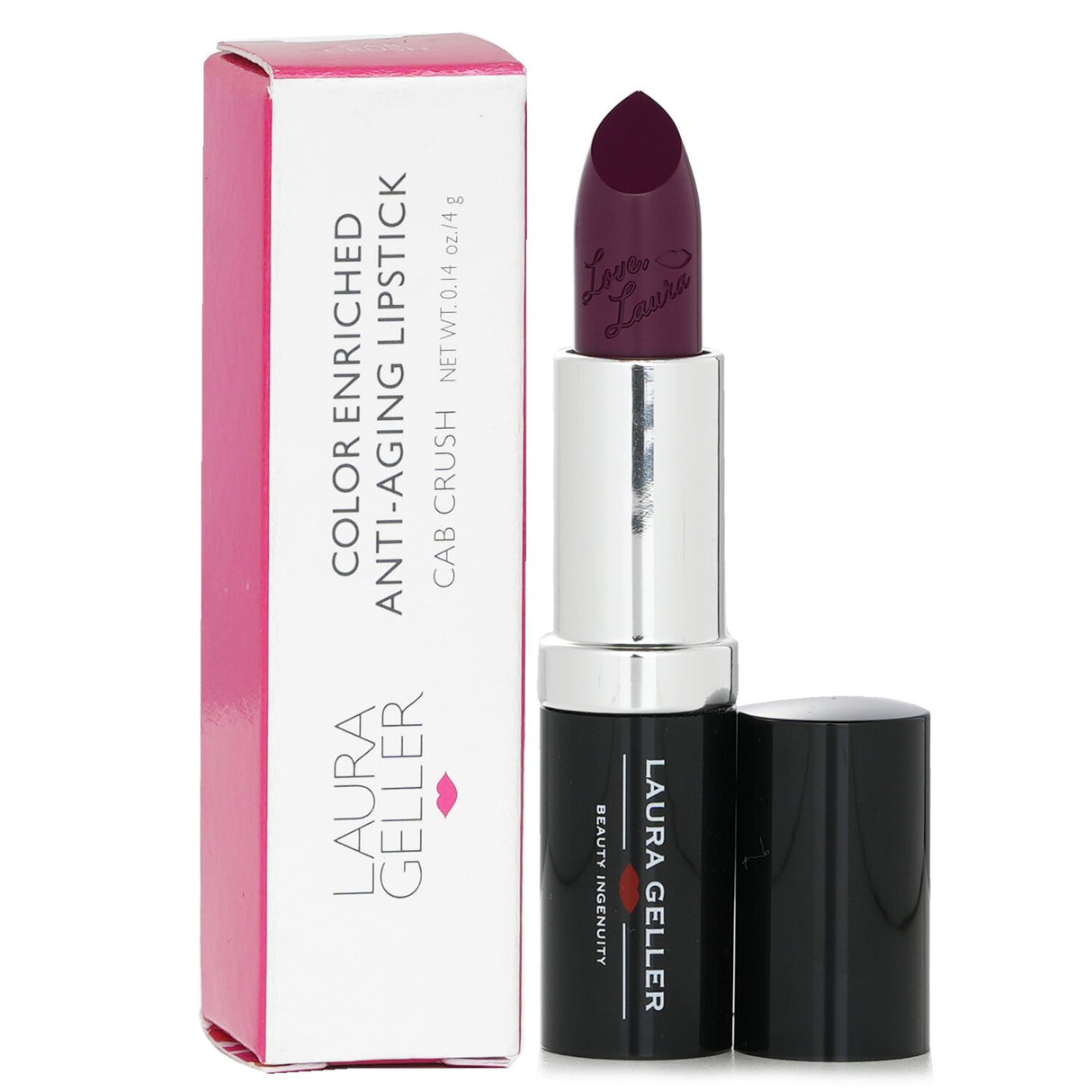 Laura Geller Color Enriched Anti Aging Lipstick #Cab Crush, a creamy, wine-scented lipstick that hydrates and enhances lips.