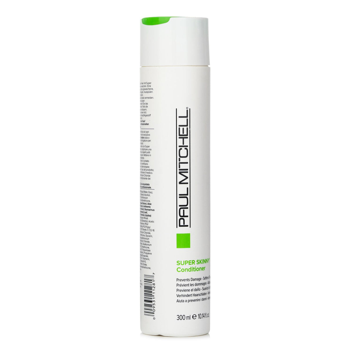 Paul Mitchell Super Skinny Conditioner bottle, enriched with heat activators, prevents damage and softens hair texture for shiny, smooth results.