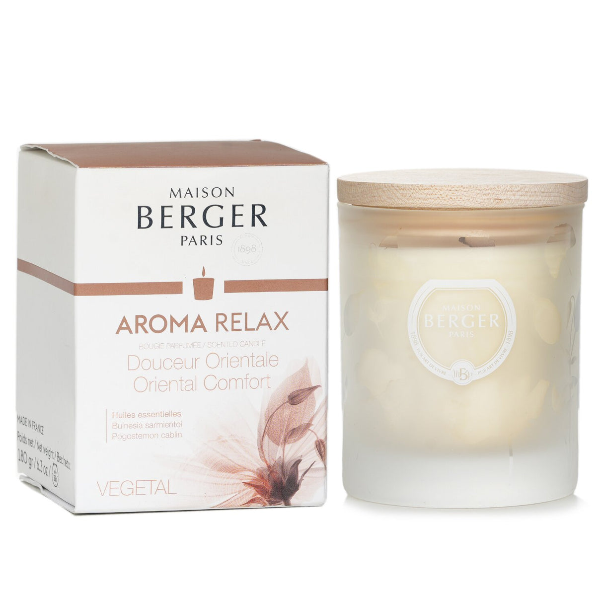 Aroma Relax scented candle by Lampe Berger, featuring essential oils in a frosted glass container for a calming ambiance.