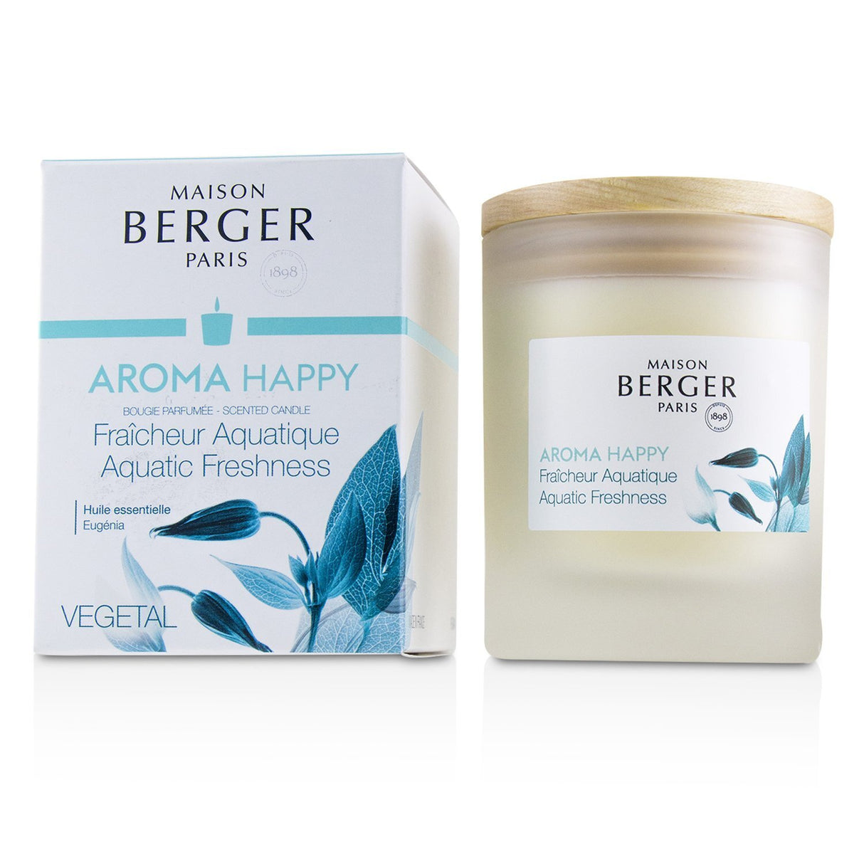 Aroma Happy scented candle in frosted glass, releasing fresh floral fragrance with clove oil for a joyful and vibrant atmosphere.