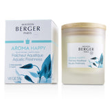 Aroma Happy scented candle in frosted glass, releasing fresh floral fragrance with clove oil for a joyful and vibrant atmosphere.