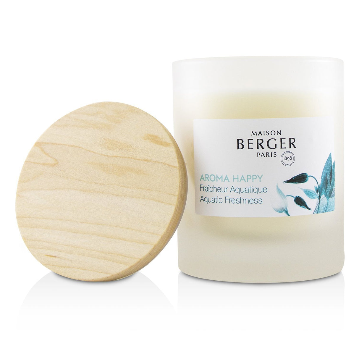 Aroma Happy scented candle in elegant frosted glass, featuring floral notes, clove oil, and eco-friendly wax for joyful ambiance.