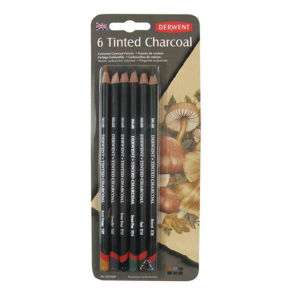 Derwent Tint Charcoal 6 Blstr set, featuring water-soluble sticks for versatile drawing, shading, and vibrant color blending.