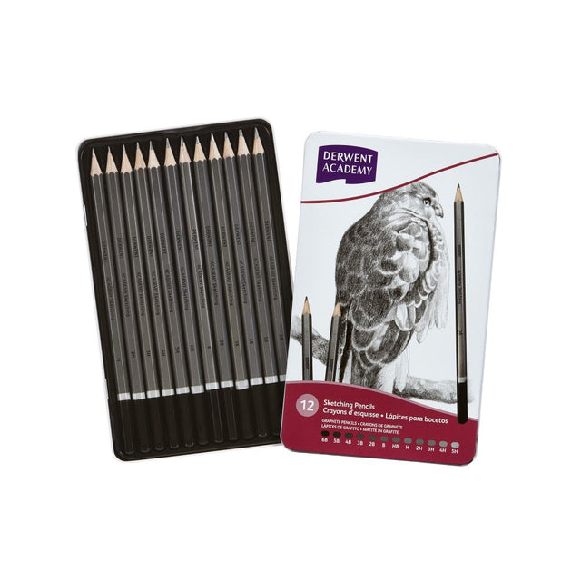 Derwent Academy Sketching Pencils Tin with 12 easy-to-hold, break-resistant pencils in various degrees for detailed artwork.