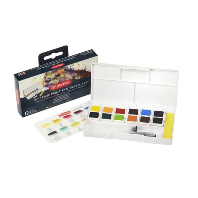 Derwent Inktense Paint 12 Pan Palette showcasing vibrant colors, ideal for fabric and paper art, complete with travel essentials.