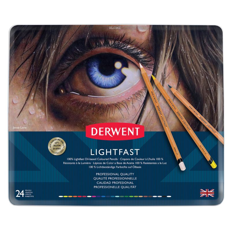 Derwent Lightfast Pencils Tin 12 featuring vibrant, 100% lightfast oil-based colored pencils for professional artists.