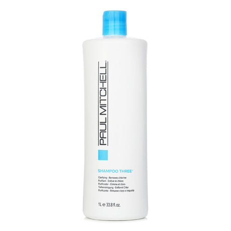 Paul Mitchell Shampoo Three 1000ml, a clarifying shampoo that removes chlorine, impurities, and enhances hair strength.