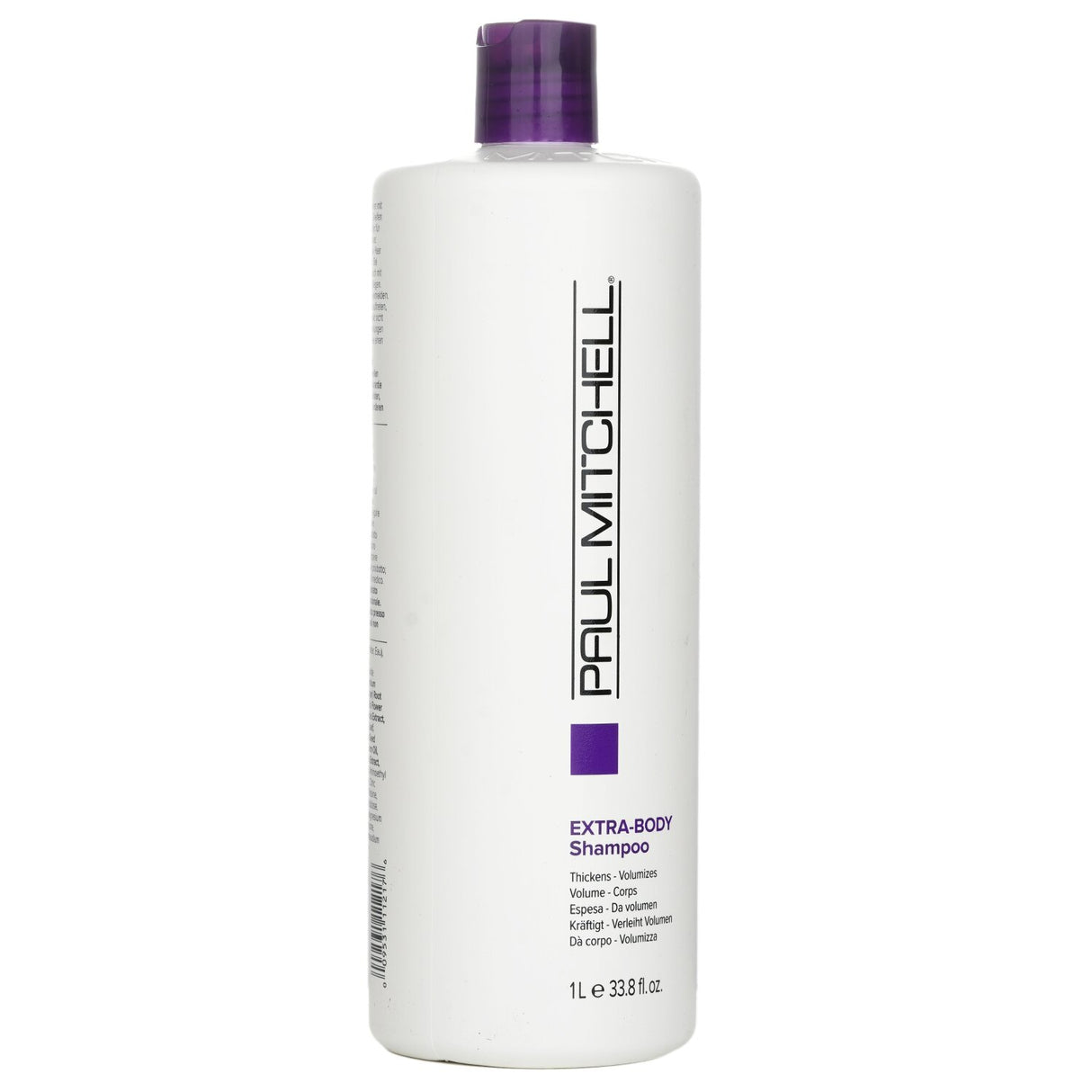 Paul Mitchell Extra-Body Shampoo in a 1000ml bottle, thickening and volumizing fine hair with natural extracts and panthenol.