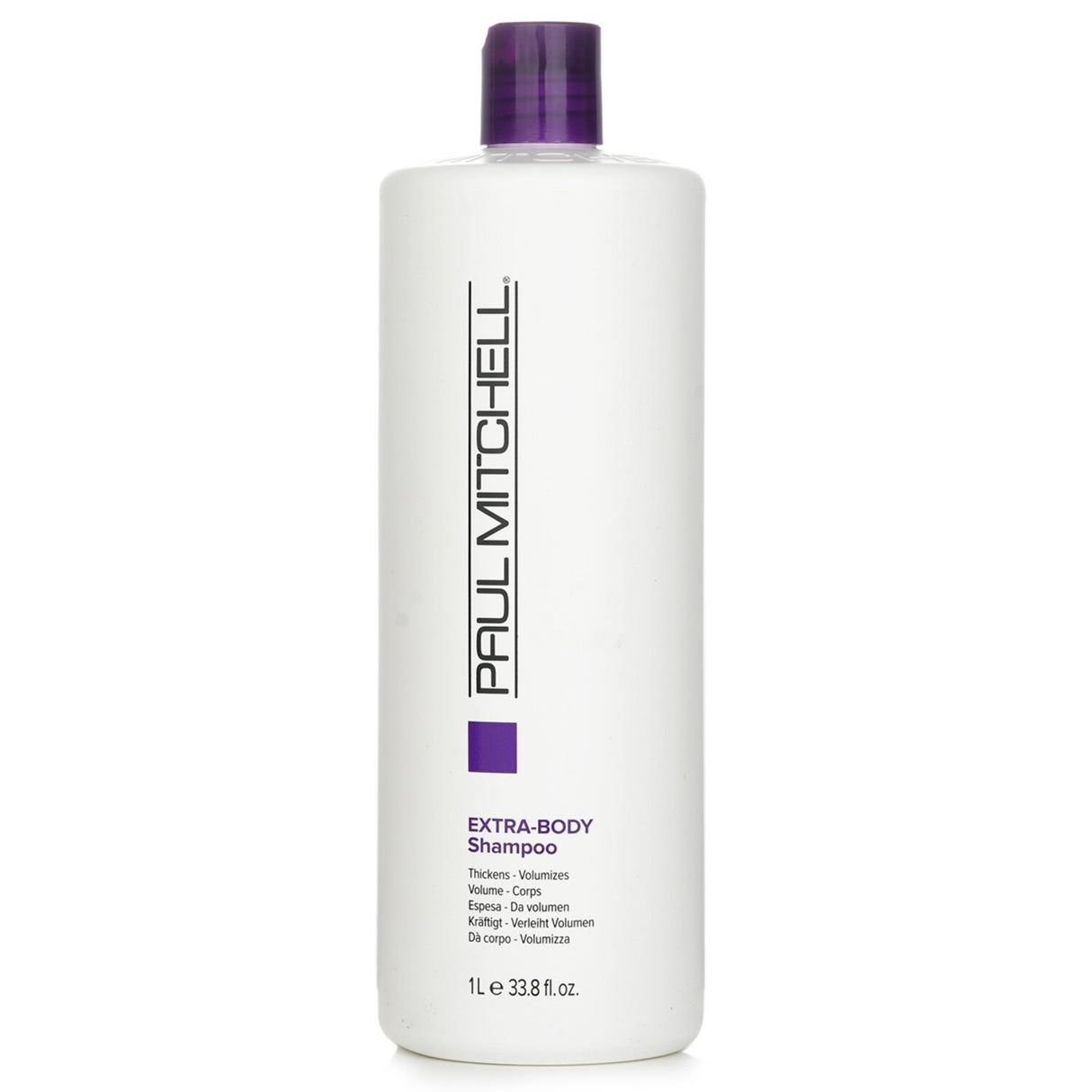 Paul Mitchell Extra-Body Shampoo in 1000ml, designed to thicken and volumize fine hair with natural extracts and panthenol.