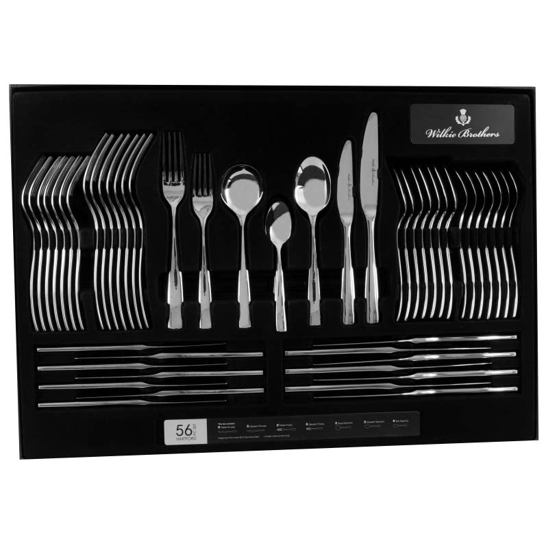 Wilkie Brothers Hartford cutlery set; 56 pieces blend Scottish heritage with modern elegance for stylish table settings.