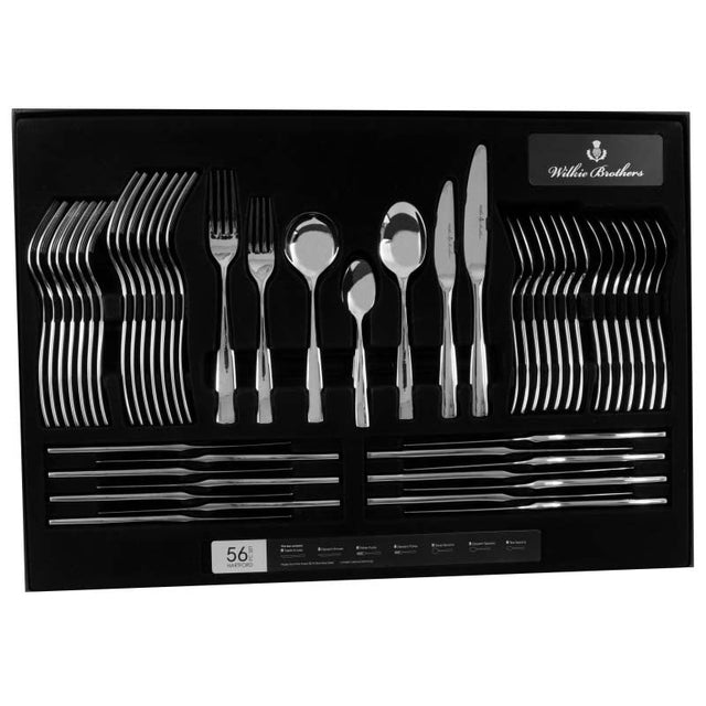 Wilkie Brothers Hartford cutlery set; 56 pieces blend Scottish heritage with modern elegance for stylish table settings.