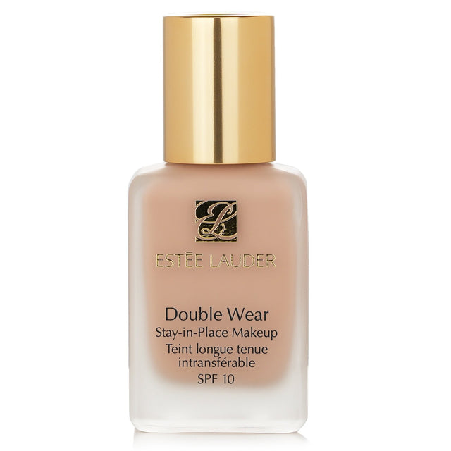 Estee Lauder Double Wear foundation in Petal, offering medium coverage, SPF 10, and a light, semi-matte finish for all skin types.