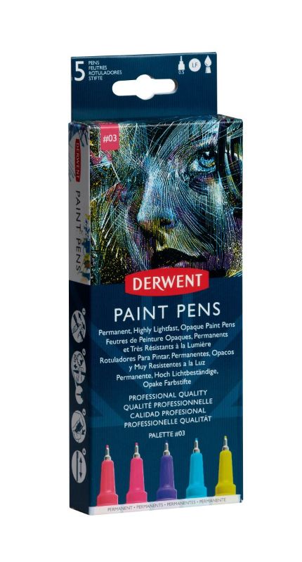 A vibrant collection of Derwent Paint Pens with durable 0.5mm nibs, perfect for various artistic techniques and surfaces.