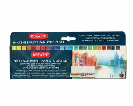 Derwent Inktense Paint 24 Pan Set showcasing vibrant, lightfast colors, ideal for versatile art projects on paper and fabric.