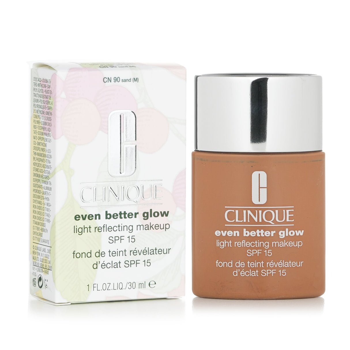 Clinique Even Better Glow Makeup SPF 15 in #CN 90 Sand, offering a moisturizing, radiant finish and sun protection in 30ml.