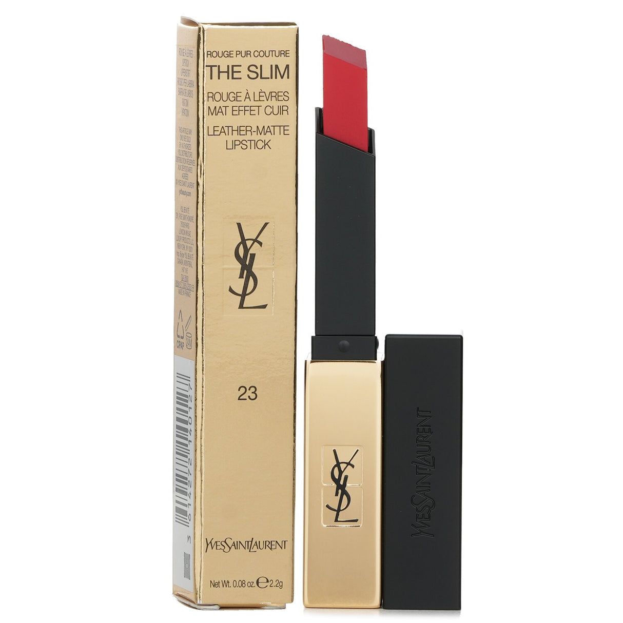 Yves Saint Laurent Rouge Pur Couture #23 lipstick in a slim design, delivering rich, matte color with long-lasting comfort.