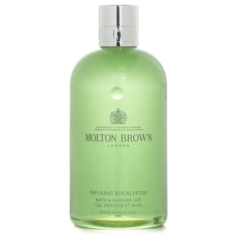 Molton Brown Infusing Eucalyptus Bath & Shower Gel in a sleek 300ml bottle, offering refreshing eucalyptus and gentle skin cleansing.
