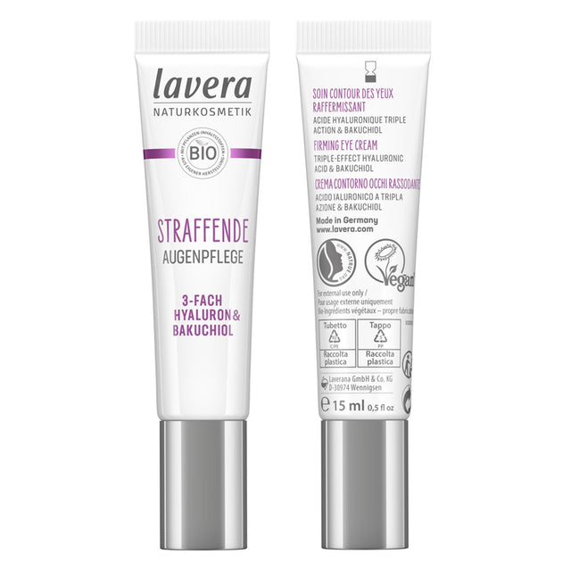 Lavera Triple-Effect Firming Eye Cream: 15ml anti-aging eye cream with hyaluronic acid and bakuchiol for youthful, hydrated skin.