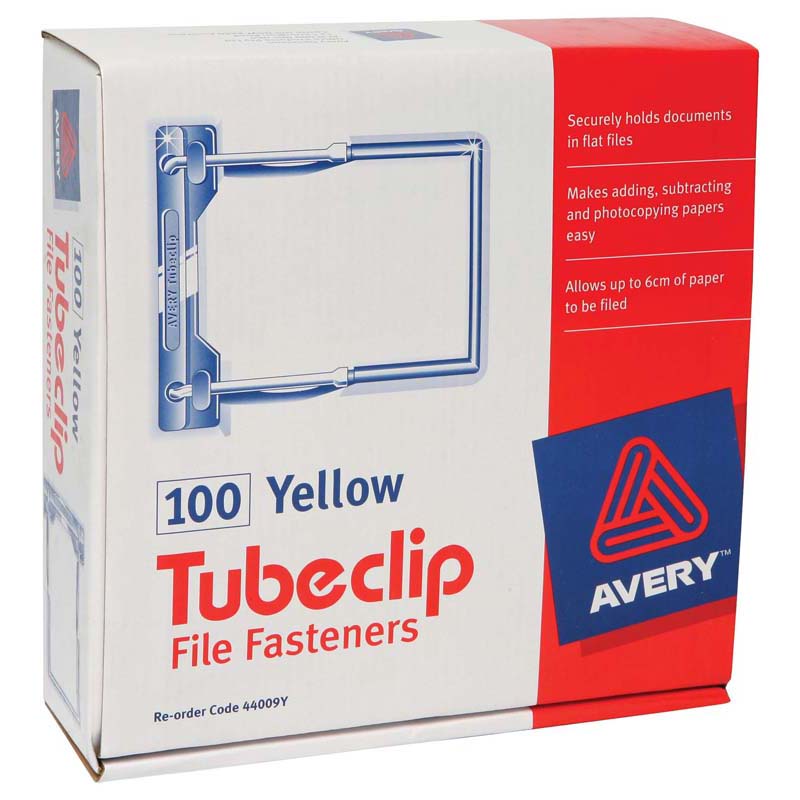 Avery Clip File Fastener in yellow, 100 pack, designed for secure document organization with expandable tube clips.