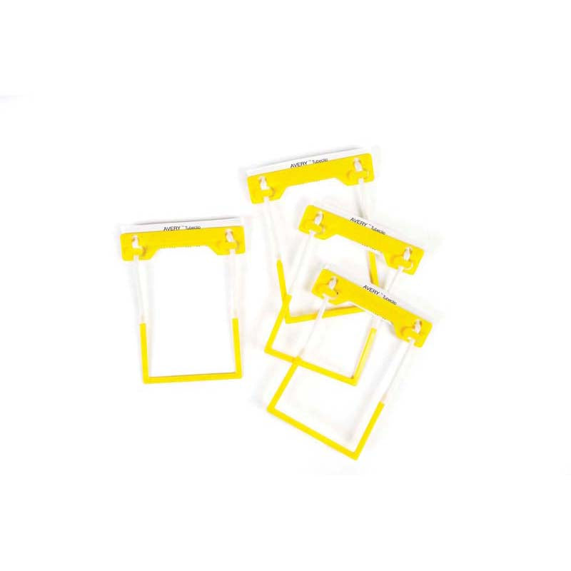 Bright yellow Avery Clip File Fasteners in a 100 pack, designed to securely organize and expand with your documents.