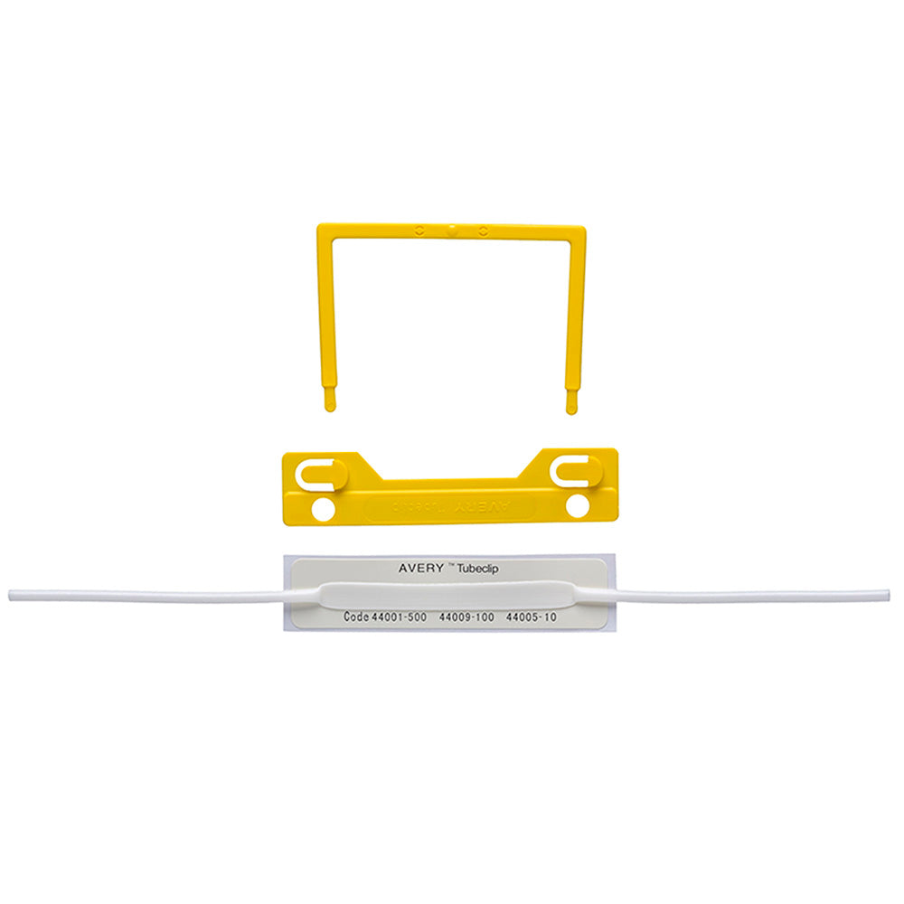 Avery Clip File Fastener in yellow, 100 pack, designed for secure organization of documents with expanding tube clips.