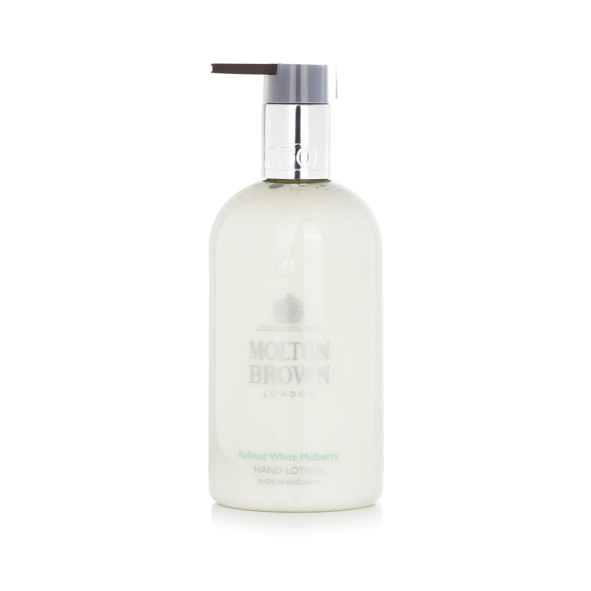 Molton Brown Refined White Mulberry Hand Lotion in a 300ml bottle, features clary sage, basil, and bergamot for hydrating luxury.