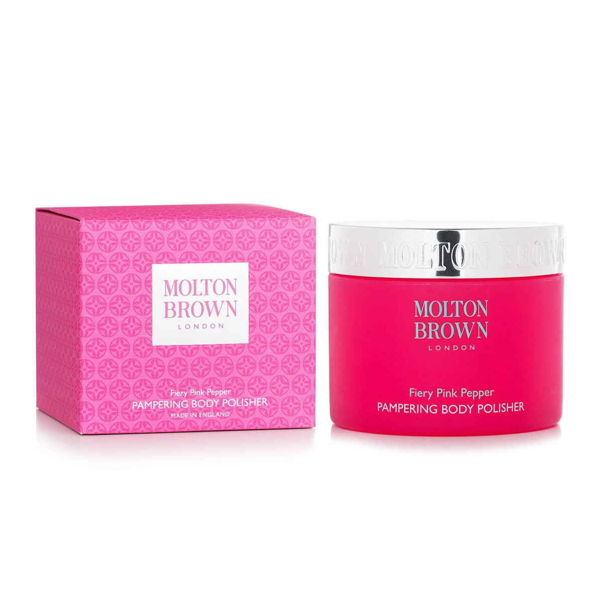 Molton Brown Fiery Pink Pepper Body Polisher, a vegan exfoliator with Shea Butter and bamboo particles for smooth, hydrated skin.