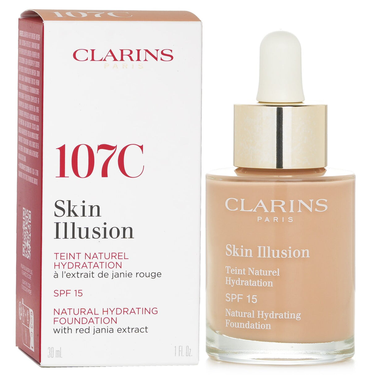 Clarins Skin Illusion Foundation SPF 15 #107 Beige, 30ml, offers lightweight hydration and radiant coverage for a natural finish.