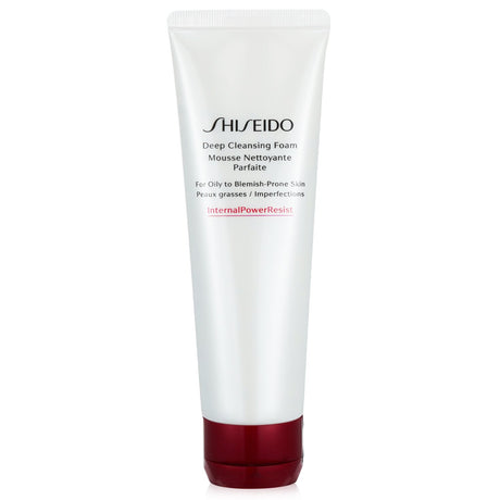Shiseido Defend Beauty Deep Cleansing Foam in 125ml tube, designed for oily skin, removes impurities without stripping moisture.